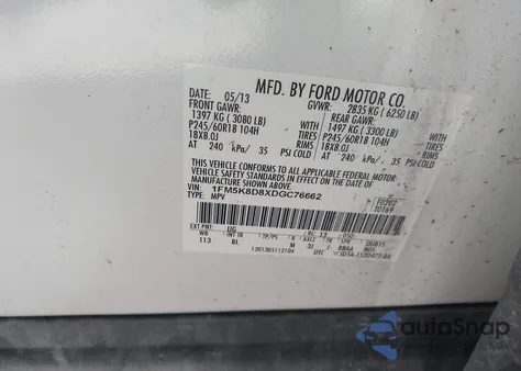 2013 Ford Explorer Xlt from USA, damaged, VIN 1FM5K8D8XDGC76662